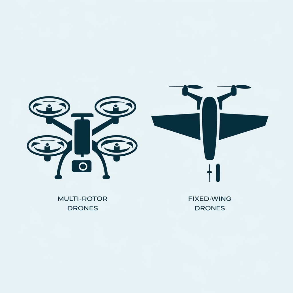 Minimalist image: Multi-Rotor vs Fixed-Wing Drones, simple icons and labels.
